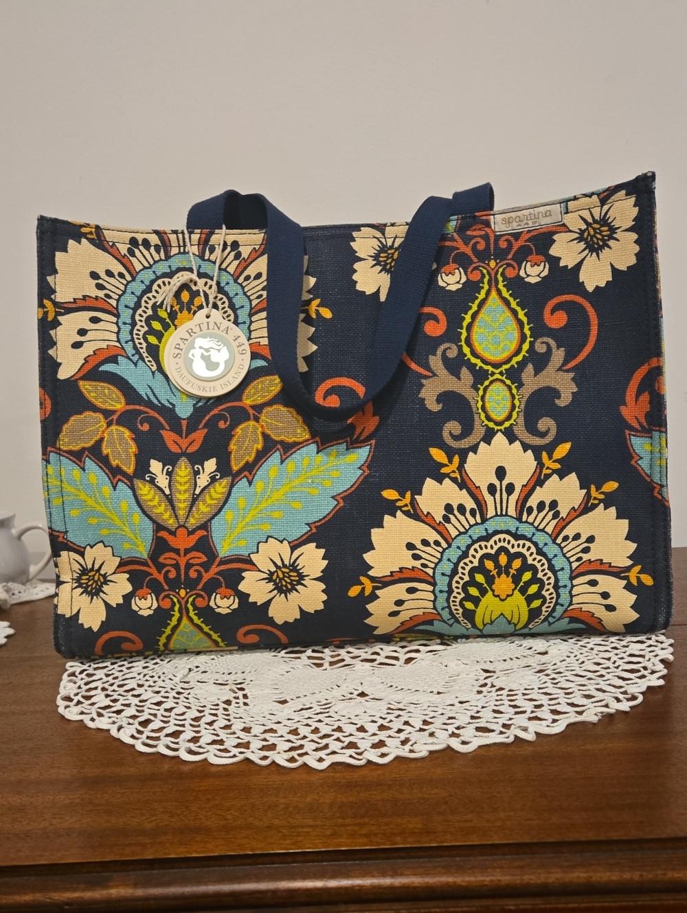 Spartina 449 Navy Canvas Tote with Cream, Teal & Orange Floral Print